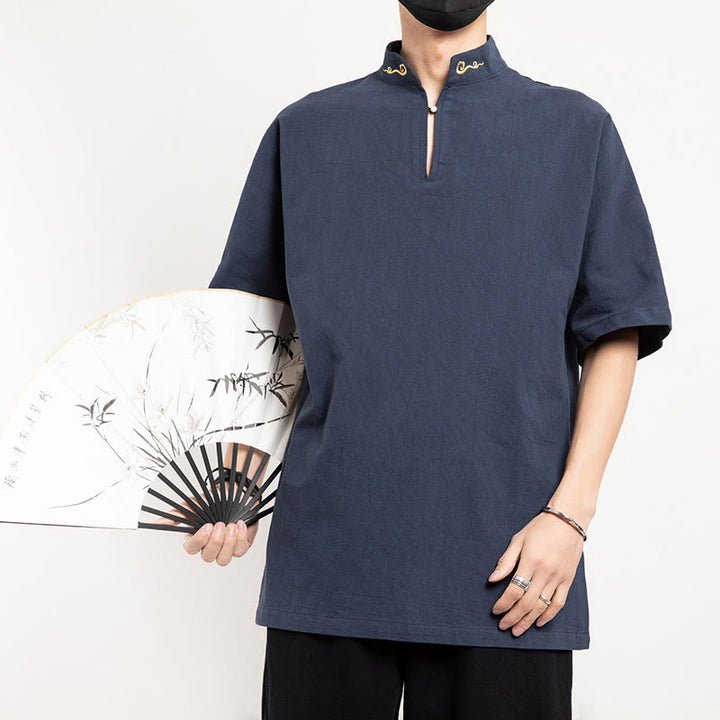 Buddha Stones中国唐装 刺繍 半袖シャツ リネン メンズ服