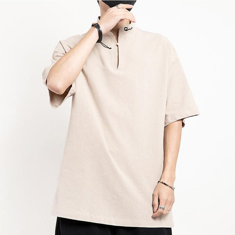 Buddha Stones中国唐装 刺繍 半袖シャツ リネン メンズ服