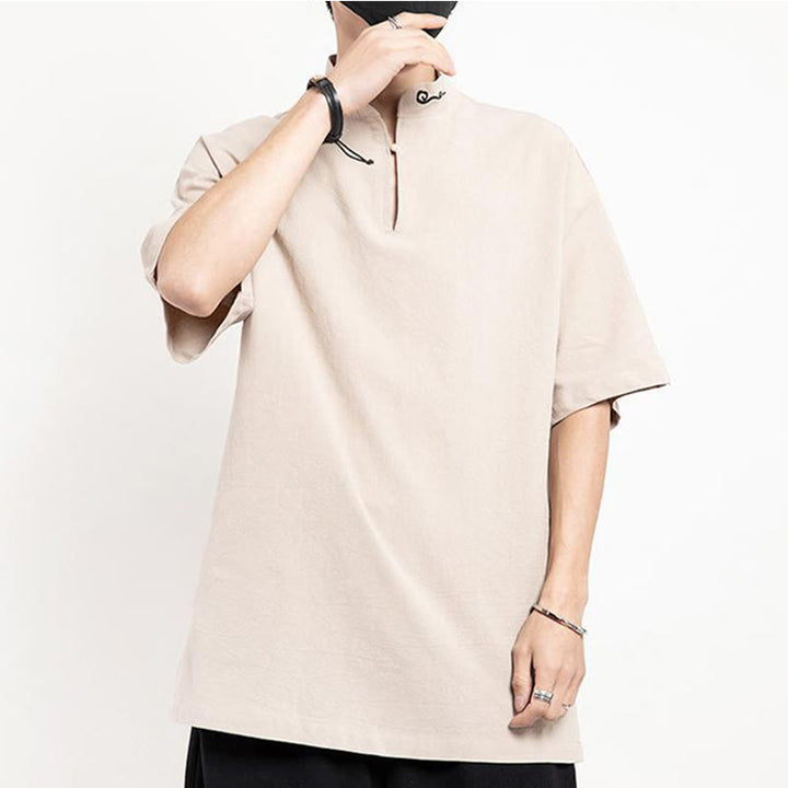 Buddha Stones中国唐装 刺繍 半袖シャツ リネン メンズ服