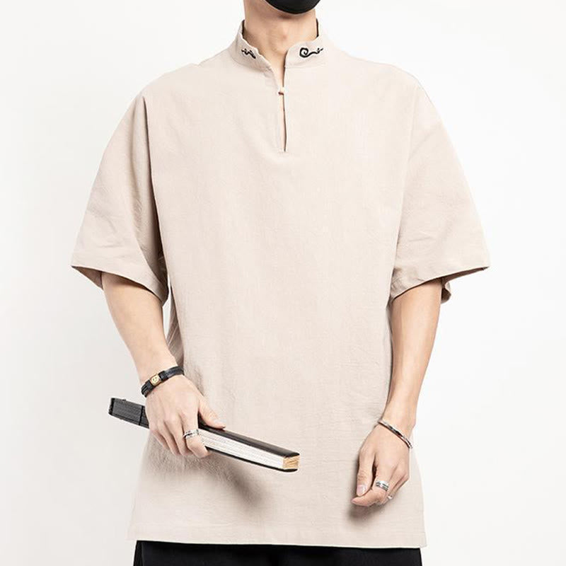 Buddha Stones中国唐装 刺繍 半袖シャツ リネン メンズ服