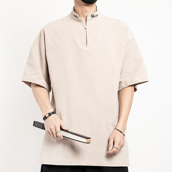 Buddha Stones中国唐装 刺繍 半袖シャツ リネン メンズ服