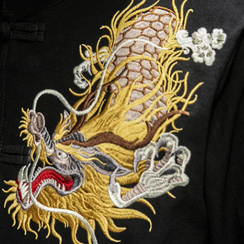 Buddha Stonesカエルボタン 中国龍 吉兆 雲 刺繍 半袖シャツ コットンリネン メンズ 服 - image 7