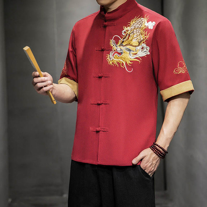 Buddha Stonesカエルボタン 中国龍 吉兆 雲 刺繍 半袖シャツ コットンリネン メンズ 服 - image 16