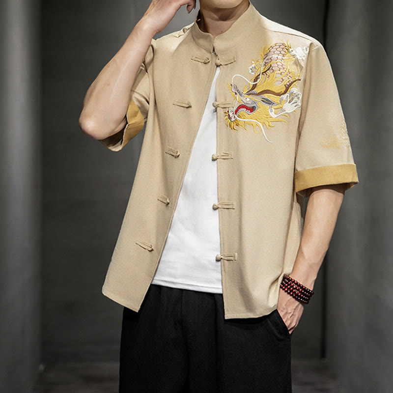 Buddha Stonesカエルボタン 中国龍 吉兆 雲 刺繍 半袖シャツ コットンリネン メンズ 服 - image 31