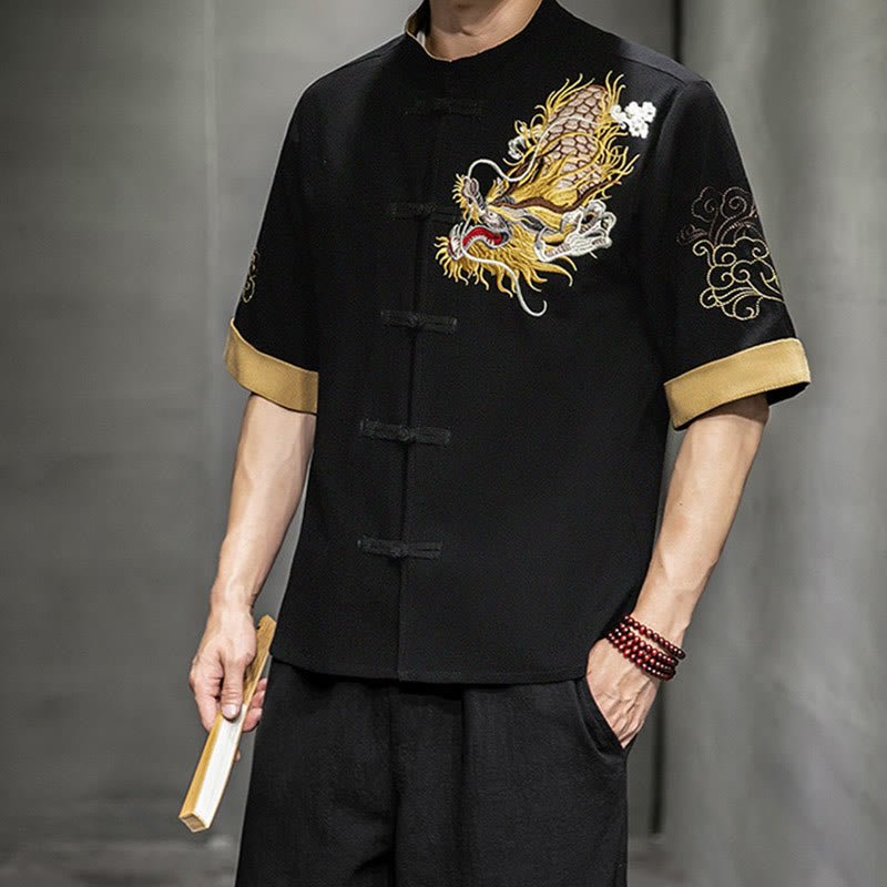 Buddha Stonesカエルボタン 中国龍 吉兆 雲 刺繍 半袖シャツ コットンリネン メンズ 服 - image 6