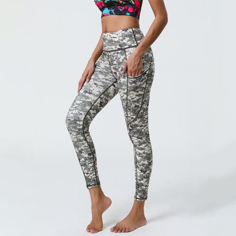 Buddha Stonesローズラインタイガーレオパードプリントスポーツフィットネスハイウエストレギンスレディースヨガパンツポケット付き