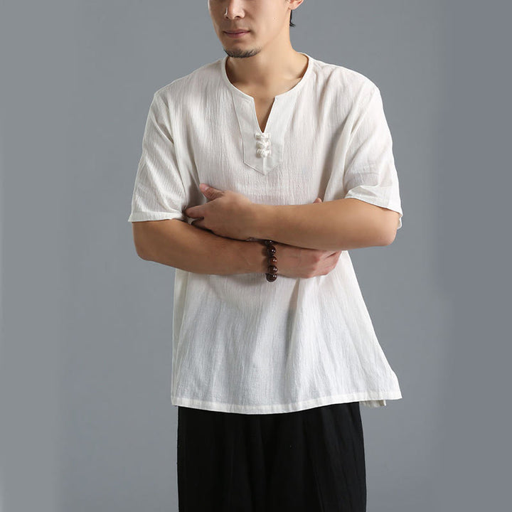 Buddha Stonesメンズ 無地 Vネック ボタン 半袖 コットンリネン シャツ