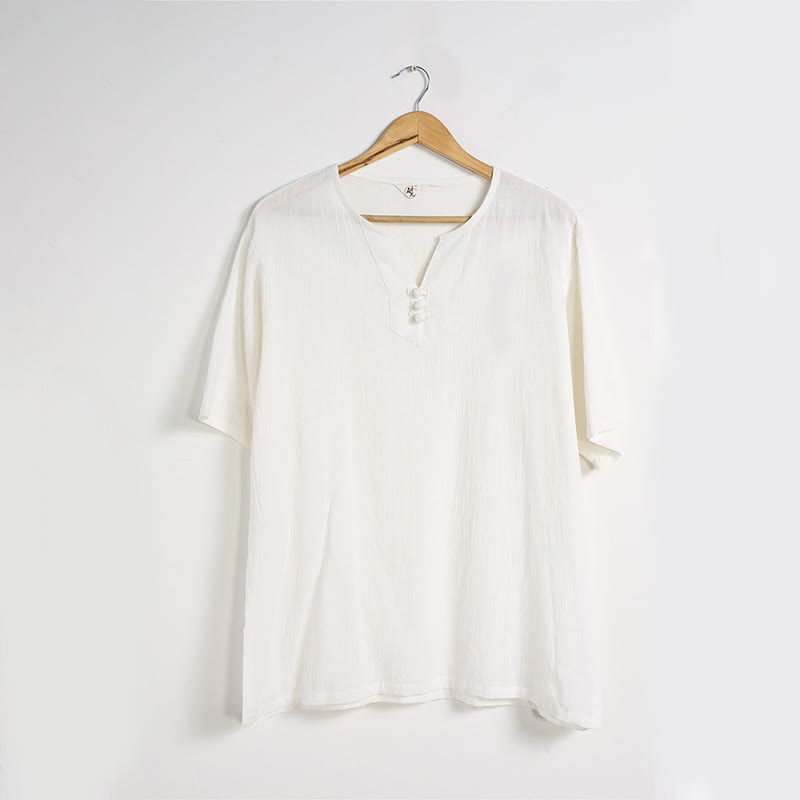 Buddha Stonesメンズ 無地 Vネック ボタン 半袖 コットンリネン シャツ