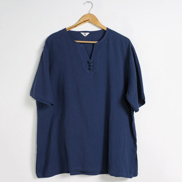 Buddha Stonesメンズ 無地 Vネック ボタン 半袖 コットンリネン シャツ