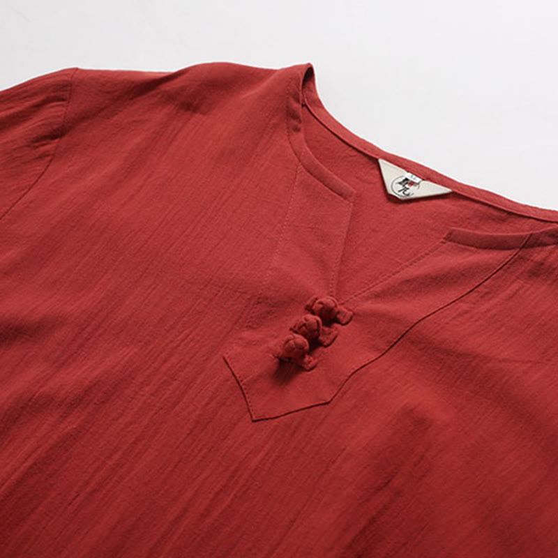 Buddha Stonesメンズ 無地 Vネック ボタン 半袖 コットンリネン シャツ