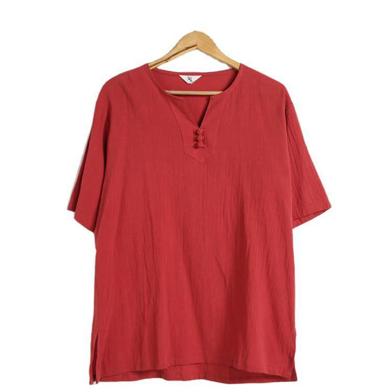 Buddha Stonesメンズ 無地 Vネック ボタン 半袖 コットンリネン シャツ