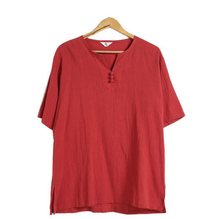 Buddha Stonesメンズ 無地 Vネック ボタン 半袖 コットンリネン シャツ