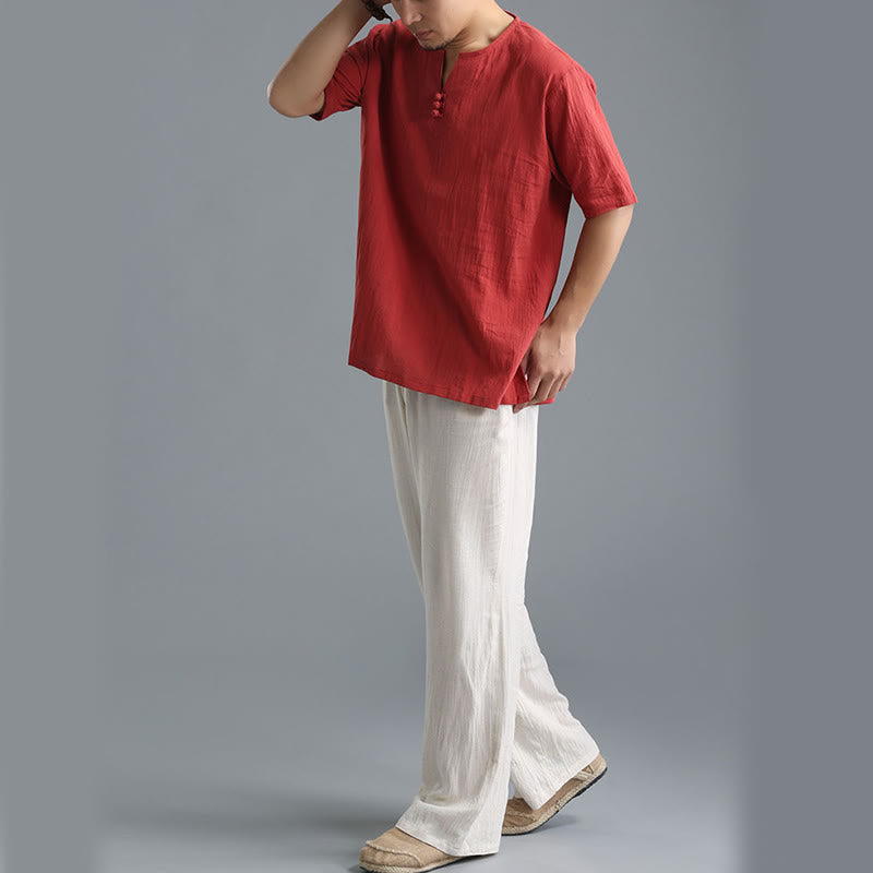 Buddha Stonesメンズ 無地 Vネック ボタン 半袖 コットンリネン シャツ