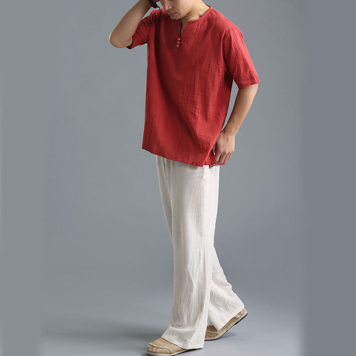 Buddha Stonesメンズ 無地 Vネック ボタン 半袖 コットンリネン シャツ