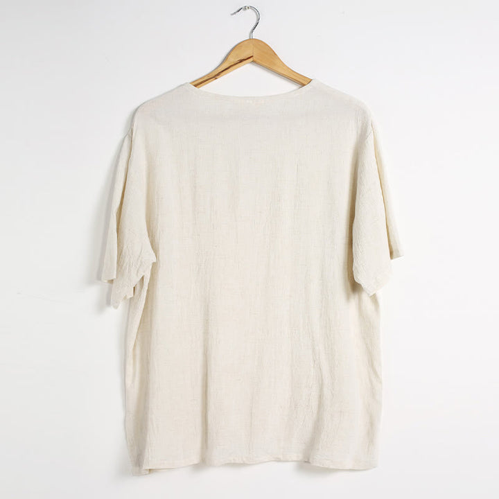 Buddha Stonesメンズ 無地 ラウンドネック 半袖 コットンリネン シャツ