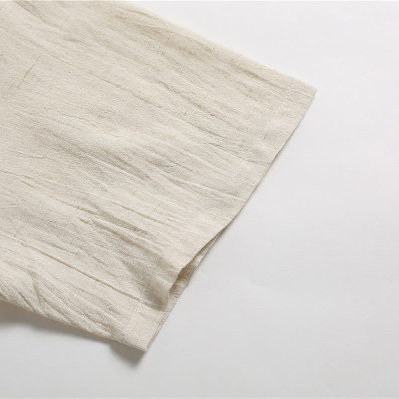 Buddha Stonesメンズ 無地 ラウンドネック 半袖 コットンリネン シャツ