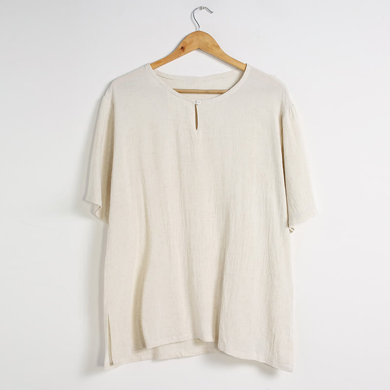 Buddha Stonesメンズ 無地 ラウンドネック 半袖 コットンリネン シャツ