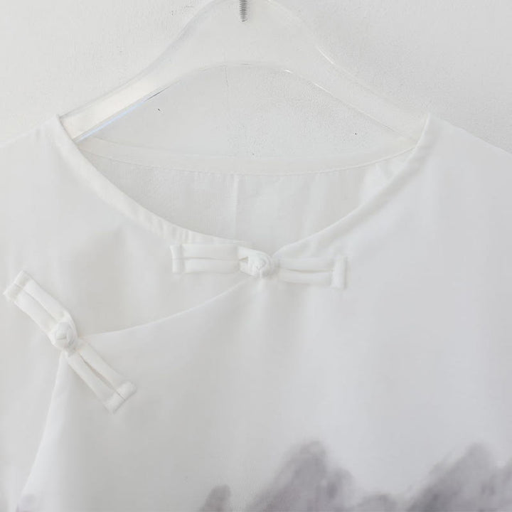 Buddha Stonesメンズ カエルボタン 山水画 半袖シャツ