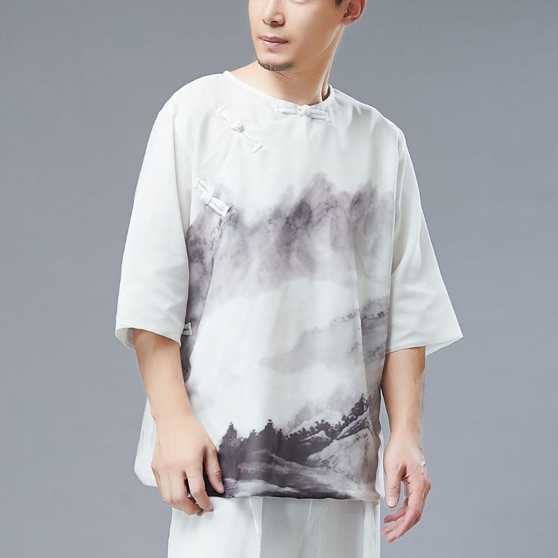 Buddha Stonesメンズ カエルボタン 山水画 半袖シャツ