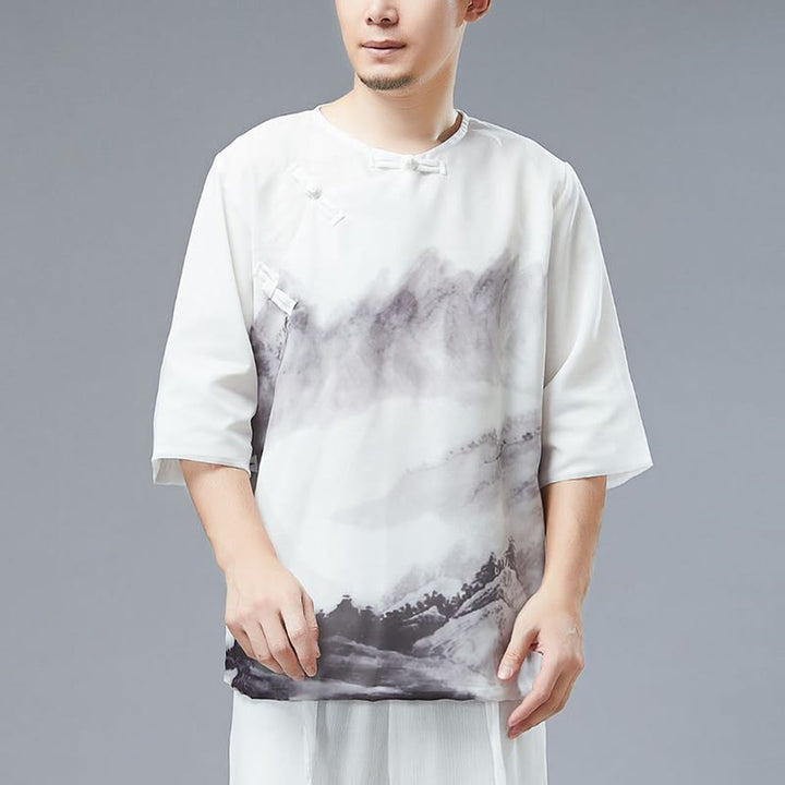 Buddha Stonesメンズ カエルボタン 山水画 半袖シャツ