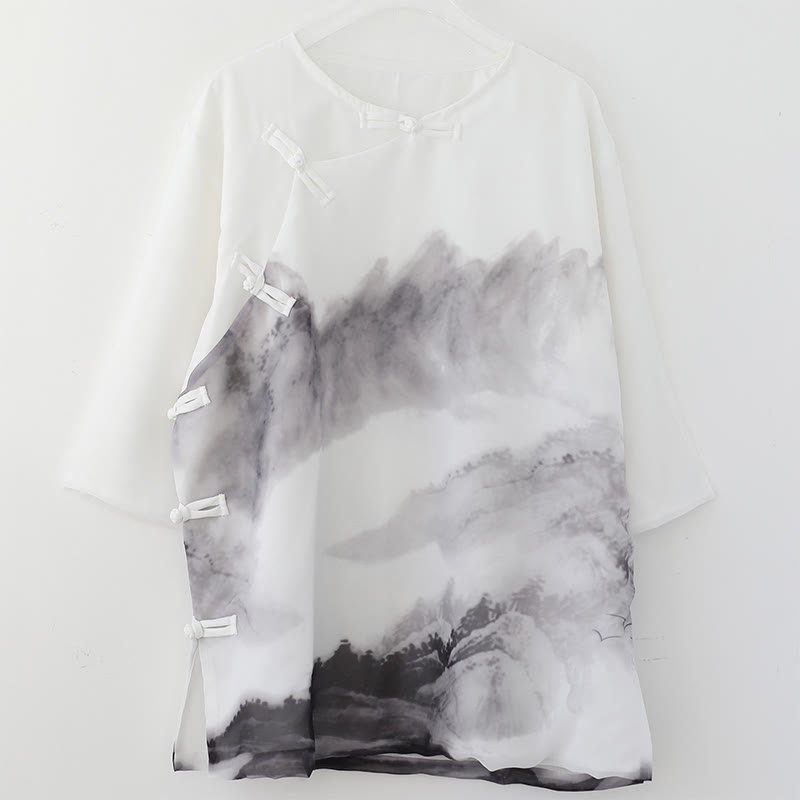 Buddha Stonesメンズ カエルボタン 山水画 半袖シャツ