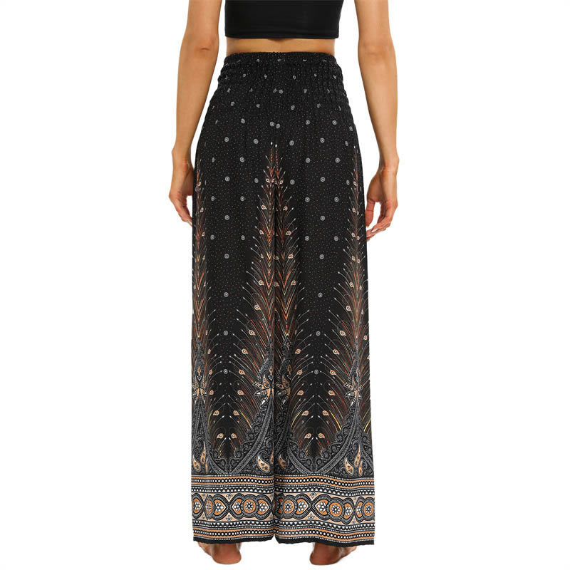 Buddha Stonesボヘミアン ピーコックフェザー レースアップ ワイドレッグパンツ レディース ヨガパンツ - image 3