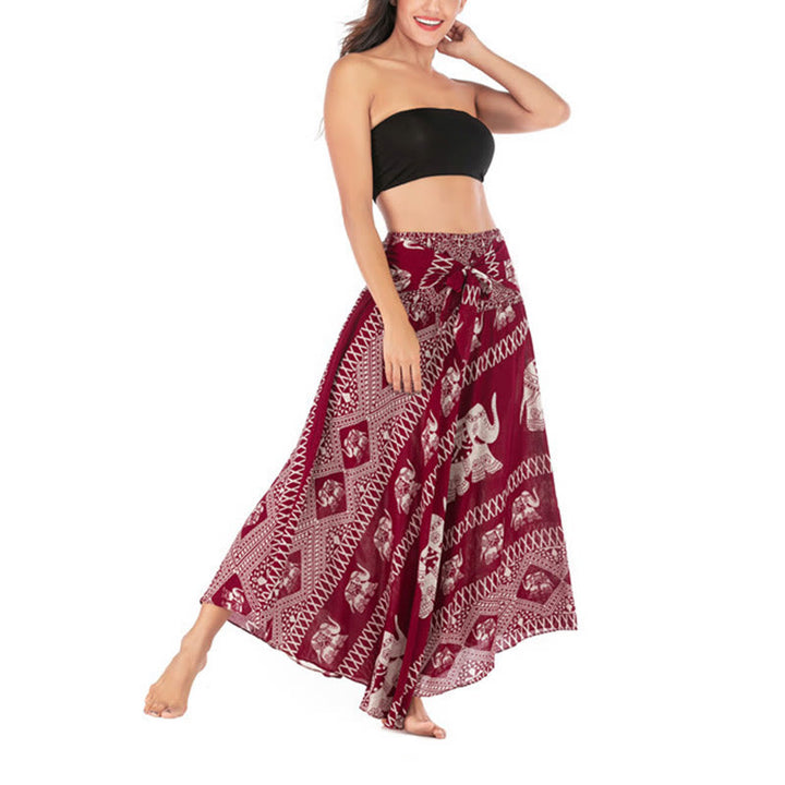 Buddha Stonesの2つのスタイルがボヘミアンな夏のエレファントラインのレースアップスカートドレスを着る