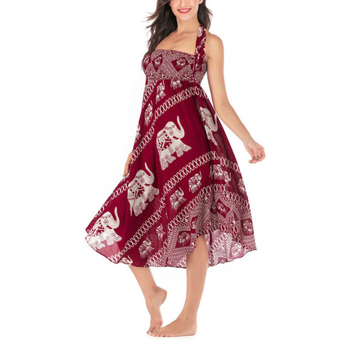 Buddha Stonesの2つのスタイルがボヘミアンな夏のエレファントラインのレースアップスカートドレスを着る