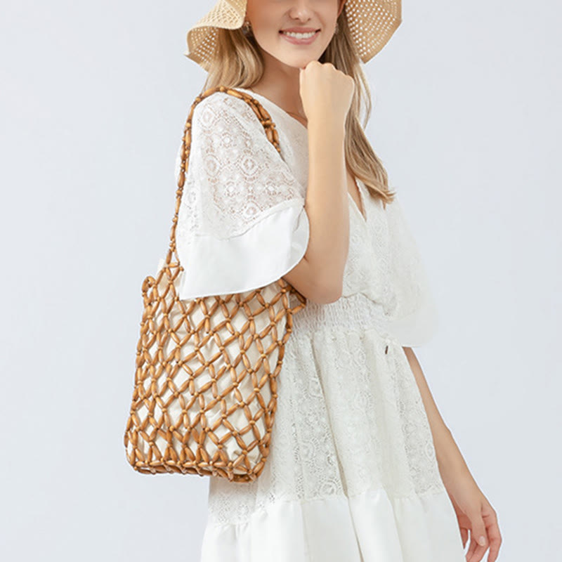 Buddha Stonesの手編み木製ビーズショルダーバッグハンドバッグ