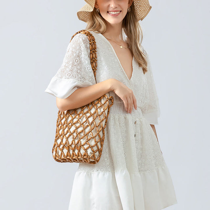 Buddha Stonesの手編み木製ビーズショルダーバッグハンドバッグ