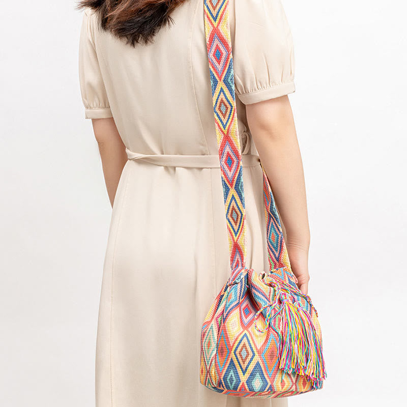 Buddha Stonesのカラフルな幾何学模様の花柄プリントキャンバスバケットクロスボディバッグショルダーバッグ