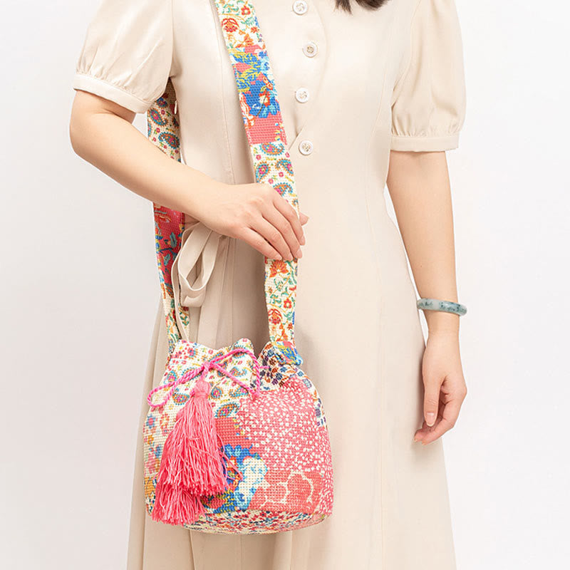 Buddha Stonesのカラフルな幾何学模様の花柄プリントキャンバスバケットクロスボディバッグショルダーバッグ