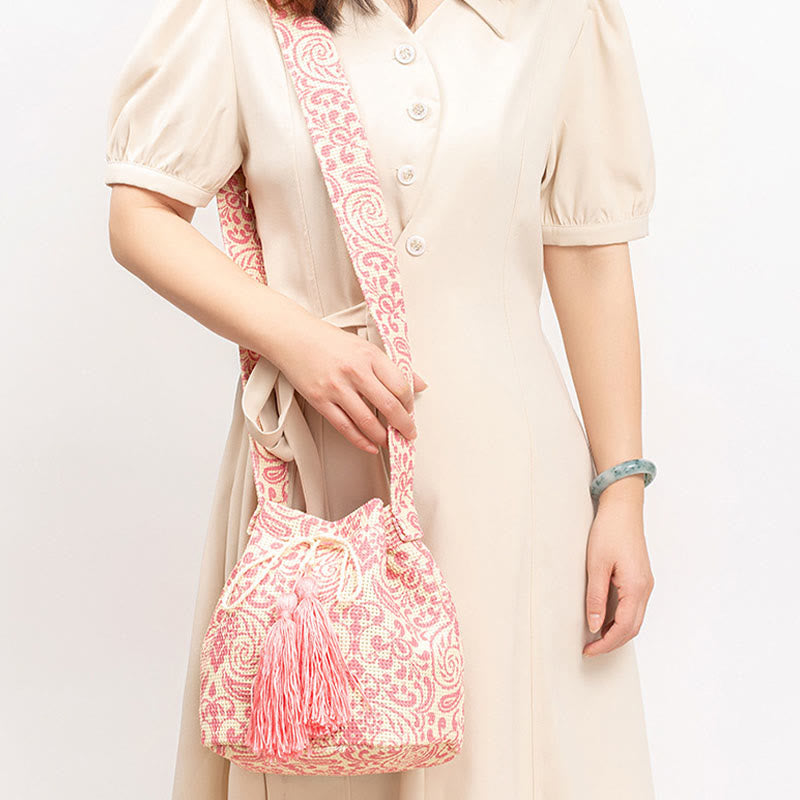 Buddha Stonesのカラフルな幾何学模様の花柄プリントキャンバスバケットクロスボディバッグショルダーバッグ