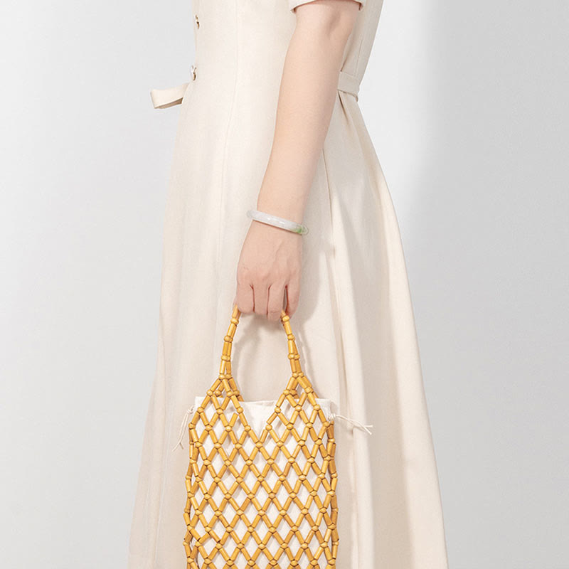 Buddha Stonesの手編みメッシュ中空木製ビーズハンドバッグ