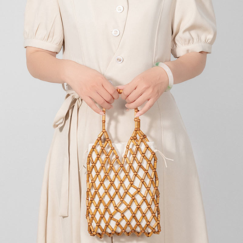 Buddha Stonesの手編みメッシュ中空木製ビーズハンドバッグ