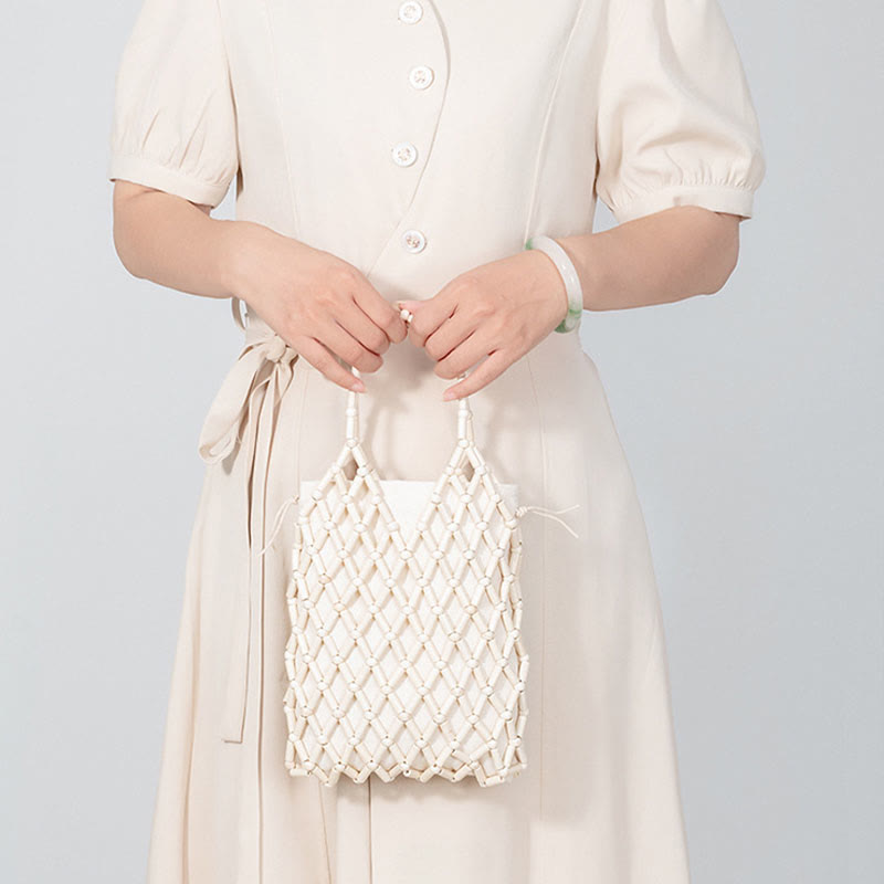 Buddha Stonesの手編みメッシュ中空木製ビーズハンドバッグ