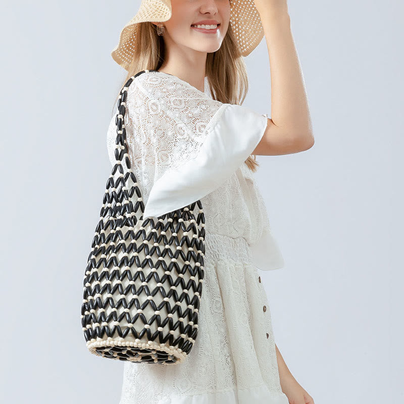 Buddha Stonesの手編み木製ビーズバケットショルダーバッグハンドバッグ