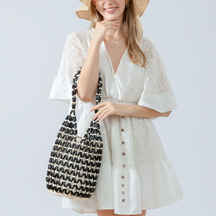 Buddha Stonesの手編み木製ビーズバケットショルダーバッグハンドバッグ