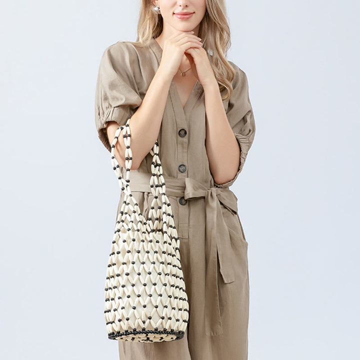 Buddha Stonesの手編み木製ビーズバケットショルダーバッグハンドバッグ