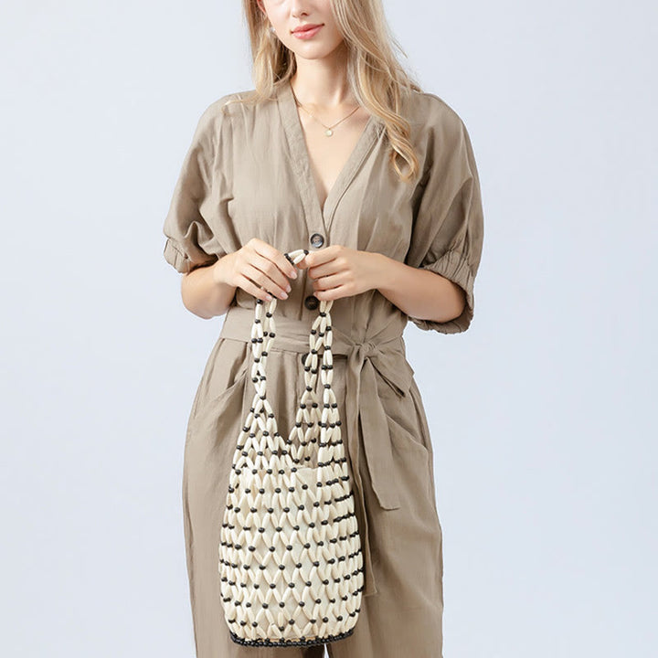 Buddha Stonesの手編み木製ビーズバケットショルダーバッグハンドバッグ