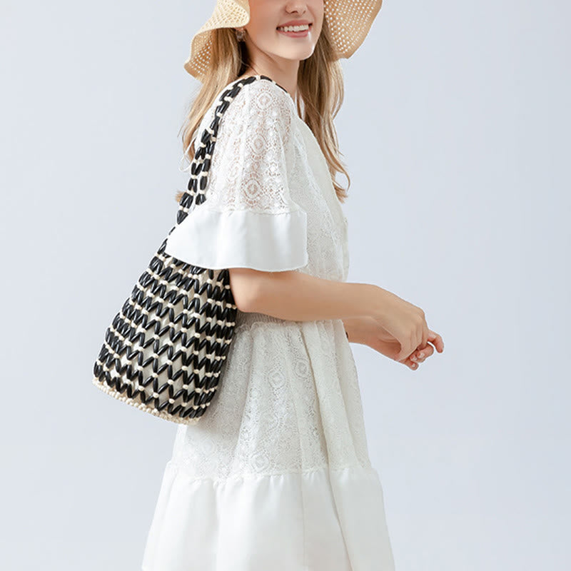 Buddha Stonesの手編み木製ビーズバケットショルダーバッグハンドバッグ