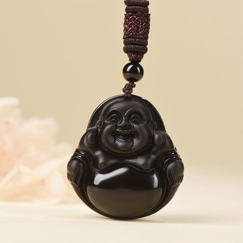 Buddha Stones天然黒曜石 氷の黒曜石 笑う仏 浄化のネックレスペンダント
