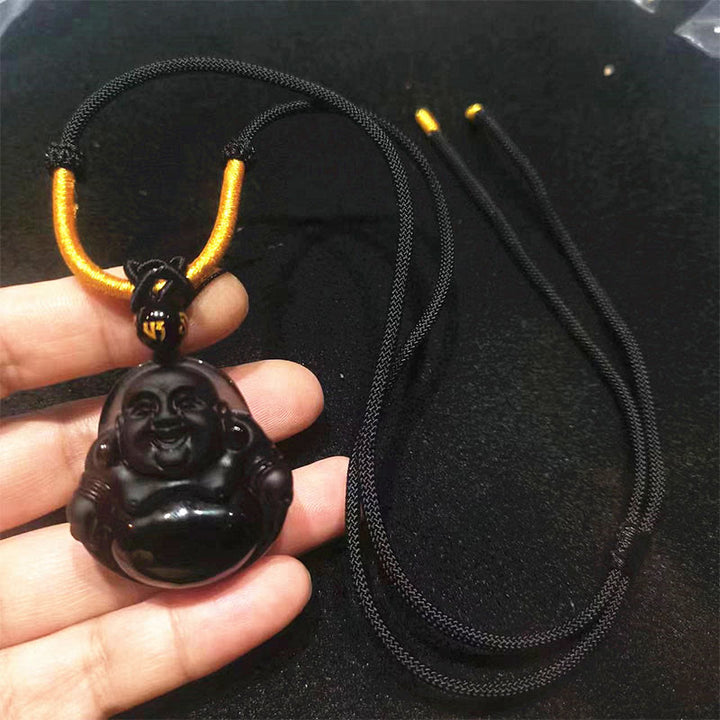 Buddha Stones天然黒曜石 氷の黒曜石 笑う仏 浄化のネックレスペンダント
