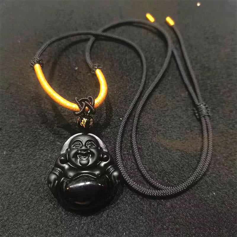 Buddha Stones天然黒曜石 氷の黒曜石 笑う仏 浄化のネックレスペンダント