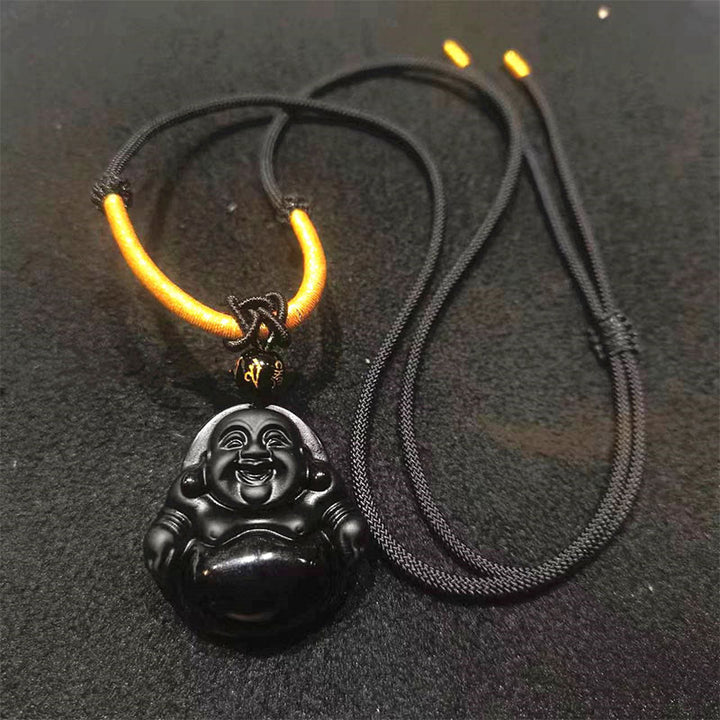Buddha Stones天然黒曜石 氷の黒曜石 笑う仏 浄化のネックレスペンダント