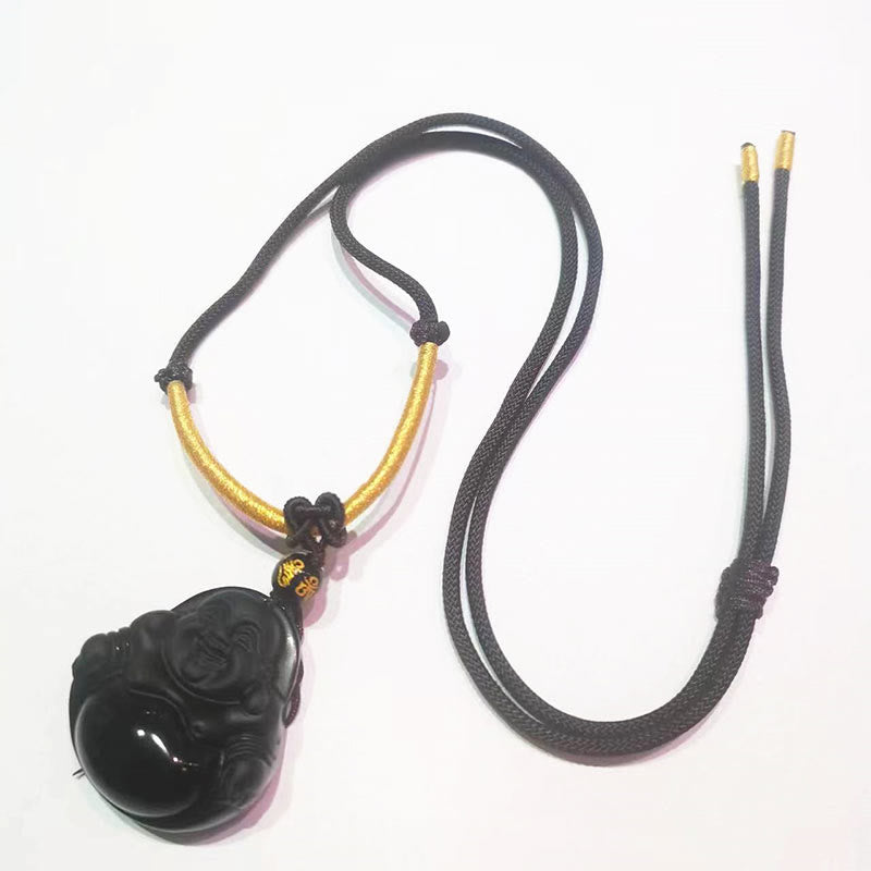 Buddha Stones天然黒曜石 氷の黒曜石 笑う仏 浄化のネックレスペンダント