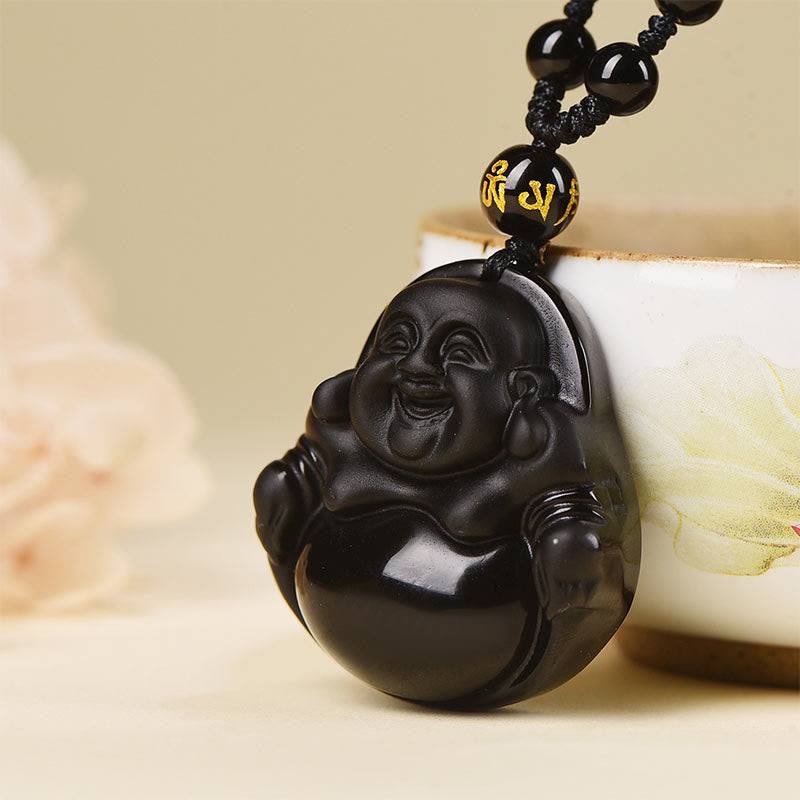 Buddha Stones天然黒曜石 氷の黒曜石 笑う仏 浄化のネックレスペンダント