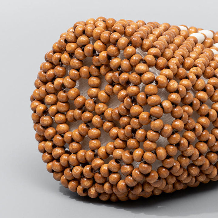 Buddha Stonesの手編みバケツ ポータブル木製ビーズハンドバッグ