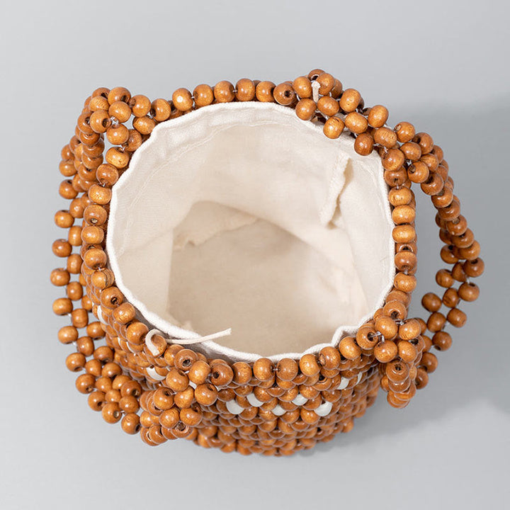 Buddha Stonesの手編みバケツ ポータブル木製ビーズハンドバッグ