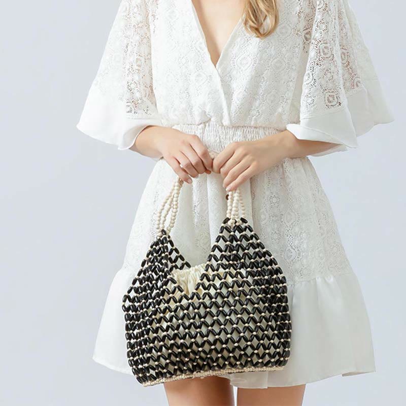 Buddha Stonesの手編み木製ビーズショルダーバッグハンドバッグ